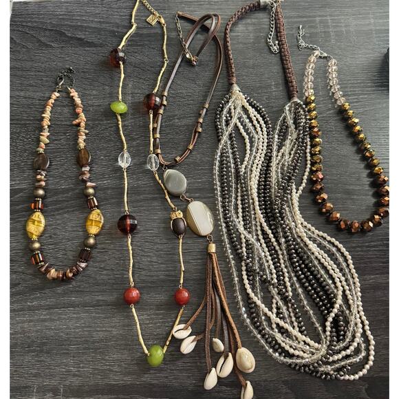 VTG Lot Of 5 Beaded Statement Necklaces One Chicos One Owl Shells Brown Tones - Picture 1 of 12